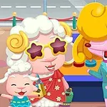 The image features a colorful, animated scene with a pink dog in a flight attendant uniform, a grandmother sheep wearing stylish sunglasses, and a cheerful baby sheep, all set in a vibrant airport environment