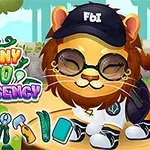 A cartoon lion wearing a black FBI cap and sunglasses stands in a colorful zoo setting, with the text Funny Zoo Emergency prominently displayed alongside various cartoon tools