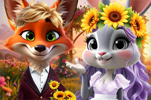 A stylized fox in a suit and a bunny wearing a floral crown, both surrounded by a vibrant, colorful garden filled with sunflowers