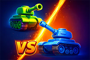 Green and blue cartoon tanks facing off with a glowing diagonal slash between them and bold VS text on a dark background