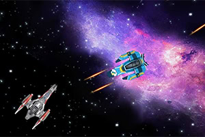 Two futuristic spacecraft are flying through a vibrant nebula filled with colorful gases and stars, with beams of light trailing from their engines