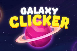 A vibrant graphic featuring the bold, stylized text GALAXY CLICKER alongside a pink planet with rings set against a starry background