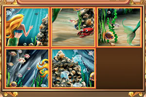 Colorful underwater scene collage with fish, coral, rocks, seaweed, and a mermaid tail in an ornate frame