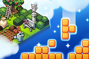 A vibrant, colorful garden scene with a statue, a bench, a ladder, and various gardening tools, contrasted by falling geometric tiles on a blue background