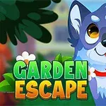 A cheerful animated dog character with big eyes and a blue fur coat is featured prominently in the Garden Escape game logo, surrounded by lush greenery and colorful flowers