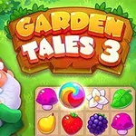 A colorful game title card for Garden Tales 3, featuring a cheerful gnome with a white beard, surrounded by various garden-themed icons like fruits, mushrooms, and flowers against a lush green background