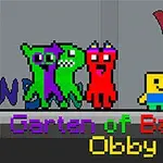 A pixel art scene featuring colorful, animated characters with cartoonish designs, including green, red, yellow, and blue figures, set against a simple background, labeled Garten of Banban Obby