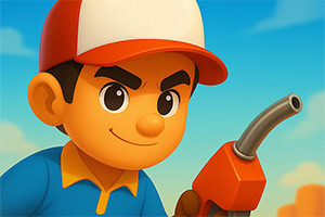 Cartoon boy wearing a red-and-white cap and blue shirt holding a red fuel nozzle against a blue sky background