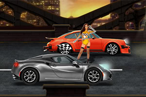 A vibrant scene featuring a silver sports car and a bright orange car parked on a city street, with a stylish woman in a checkered outfit posing between them