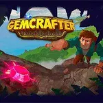 The image features a game title Gemcrafter: Puzzle Journey, with a character reaching for a large pink gem amidst a lush, green forest background