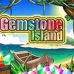 The image features a vibrant tropical scene with the title Gemstone Island in bold, colorful letters, surrounded by sparkling gems and lush greenery near a beach and a calm sea