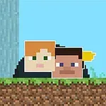 Two pixel art characters with blocky heads, one with blonde hair and green eyes, the other with brown hair and a yellow headband, are peering out from behind grass in a colorful, simplistic landscape resembling a video game environment