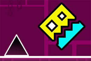 Yellow and cyan zigzag icon tilted above a white platform line with a black triangle spike on a purple geometric background