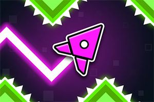 Neon pink triangular arrow moving along a zigzag path between green spiked obstacles on a dark purple background