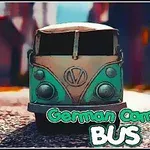 A vintage German camper bus in a colorful urban setting, emphasizing its retro design and iconic shape