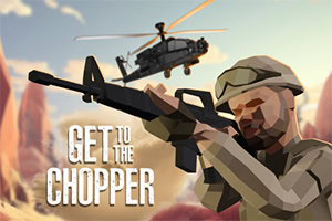 A polygonal soldier aiming a rifle in a desert landscape with a helicopter flying overhead and bold text at the bottom reading GET TO THE CHOPPER