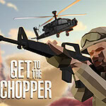 A polygonal soldier aiming a rifle in a desert landscape with a helicopter flying overhead and bold text at the bottom reading GET TO THE CHOPPER