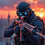 A heavily armed figure in tactical gear, with glowing blue eyes, holds a rifle against a dramatic sunset backdrop, showcasing a city skyline