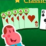 The image features a colorful card game interface showing two players hands with specific playing cards, including a sequence of hearts on the left and spades on the right, alongside cartoon character representations of the players