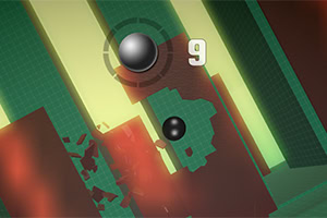 A top-down view of a vibrant 3D environment featuring two black balls floating above fragmented green and red structures, with a score indicator displaying the number 9