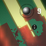 A top-down view of a vibrant 3D environment featuring two black balls floating above fragmented green and red structures, with a score indicator displaying the number 9