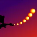 A silhouetted dragon breathes fire in a gradient sky filled with orbs, resembling flames, against a vivid purple and orange backdrop