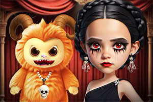 A gothic doll-like girl in a black dress stands beside a cute orange horned monster with a skull necklace against red theater curtains
