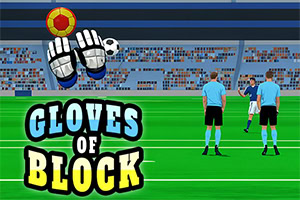 A vibrant illustration features a soccer field with two referees in blue shirts and black shorts, while a large pair of animated gloves and a soccer ball hover above the text Gloves of Block in bold, playful lettering