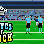 A vibrant illustration features a soccer field with two referees in blue shirts and black shorts, while a large pair of animated gloves and a soccer ball hover above the text Gloves of Block in bold, playful lettering
