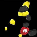 The image features a collection of yellow and black pebbles floating in a black background, with one red pebble prominently displaying a white X symbol