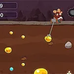 A cartoon character is mining in a dark underground setting, collecting golden nuggets and jewels with a hook, while displaying score indicators and a bomb icon in the corner