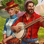 A cheerful couple stands in a vibrant outdoor setting, with a woman in a blue vintage dress and a red hat, and a bearded man in a red shirt playing a banjo, surrounded by lush greenery and barrels