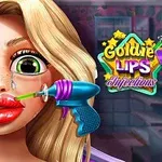 The image features a stylized character with long blonde hair receiving lip injections, showcasing colorful syringes and beauty equipment, alongside the title Goldie Lips Injections in a playful design