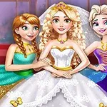 A colorful illustration featuring three animated princesses: a bride in a white gown with a tiara, flanked by two girls in vibrant dresses, one in teal and the other in purple, set against a whimsical backdrop