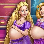 Two cartoon women, both pregnant, are standing side by side, wearing colorful dresses and smiling in a bright, whimsical setting