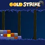 A colorful game interface featuring a miner character with a pickaxe, surrounded by stacks of gold, purple, and brown blocks, set against a dark background