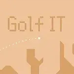 A pixel art-style interface showcasing the game Golf IT, featuring the title prominently displayed in soft brown tones, along with a simple golf ball and flag icon in the foreground