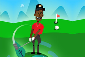 A cheerful cartoon character in a red shirt and black cap is swinging a golf club on a vibrant green golf course with mountains in the background and a golf flag nearby