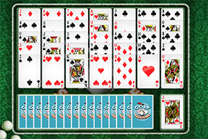 A layout of playing cards displayed on a green felt background, featuring various suits including spades, hearts, and diamonds, with face cards and a hand of cards at the bottom