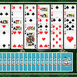 A layout of playing cards displayed on a green felt background, featuring various suits including spades, hearts, and diamonds, with face cards and a hand of cards at the bottom