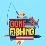 A cartoonish design featuring a person fishing with a rod, accompanied by the text GONE FISHING and various fishing-related imagery like a shark and fishing gear, set against a light blue background