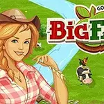 The image features a cartoonish woman in a cowboy hat, playfully interacting with farm animals, alongside the colorful logo of the game Big Farm by Goodgame, set against a lush, green farming landscape with a river