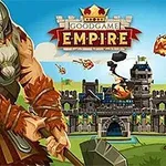 A vibrant graphic from the game Goodgame Empire, featuring a fierce warrior with a hammer beside a medieval castle under siege, showcasing cannons and fireballs in a colorful landscape