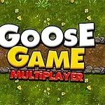 The image features the title Goose Game Multiplayer in bold, playful lettering against a vibrant green grass background with dirt paths and small flowers