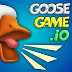 A playful graphic featuring a cartoon-style goose with an open beak and a colorful background, accompanied by the text GOOSE GAME 