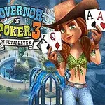 A vibrant promotional image for the game Governor of Poker 3 featuring a cheerful female character in a cowboy hat, holding playing cards, with a casino background and colorful poker chips