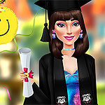 A young woman in a graduation cap and gown holds a diploma and smiles, surrounded by cheerful balloons with smiley faces and festive ribbons in a celebratory setting