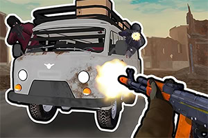 A cartoon-style illustration depicting a person aiming a weapon at a white van with two figures emerging from the windows, set against a dilapidated urban background