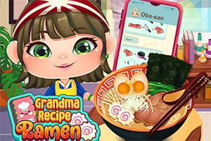 A cheerful character wearing a red and white headband is seen in a cozy kitchen setting, presenting a bowl of ramen garnished with eggs, seaweed, and noodles, while holding a smartphone displaying the title Grandma Recipe Ramen