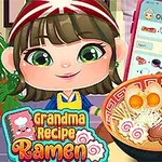 A cheerful character wearing a red and white headband is seen in a cozy kitchen setting, presenting a bowl of ramen garnished with eggs, seaweed, and noodles, while holding a smartphone displaying the title Grandma Recipe Ramen